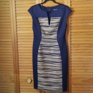 Connected Navy & Tan Sleeveless V Slit Neckline Pencil Dress Size 8